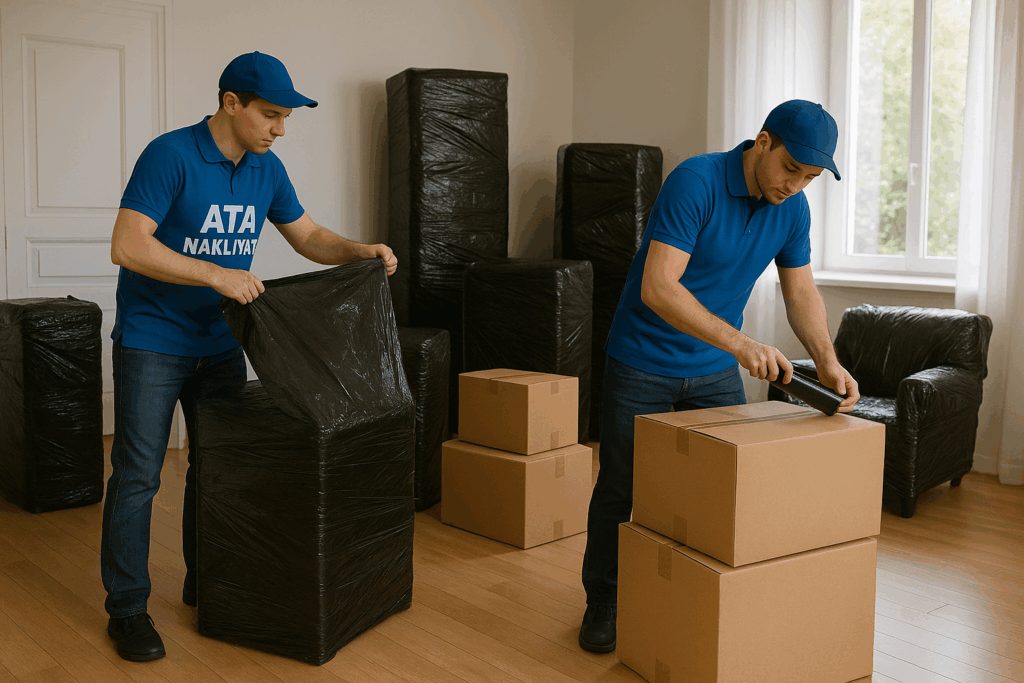 Mersin Ata Nakliyat çalışanları evde siyah ambalaj malzemesiyle eşya paketliyor.